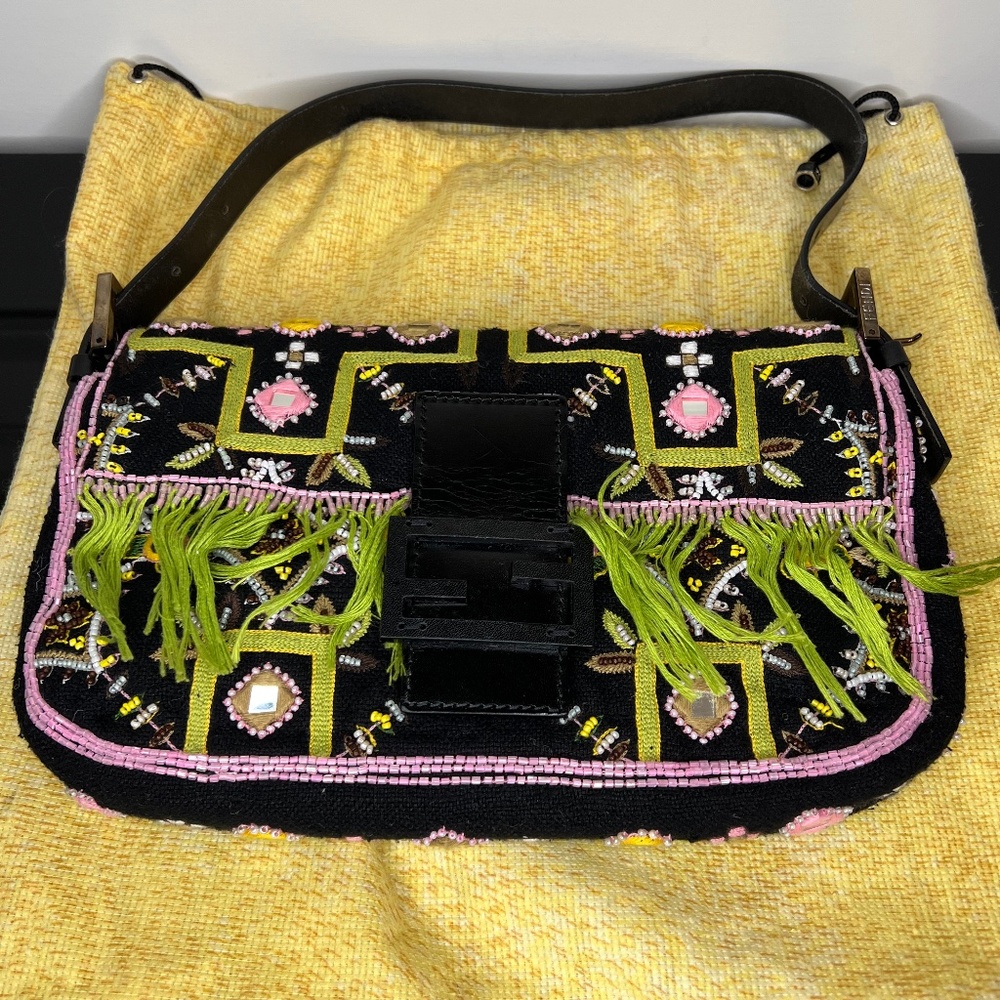 Authentic Vintage Fendi Black Embroidered Mamma Baguette